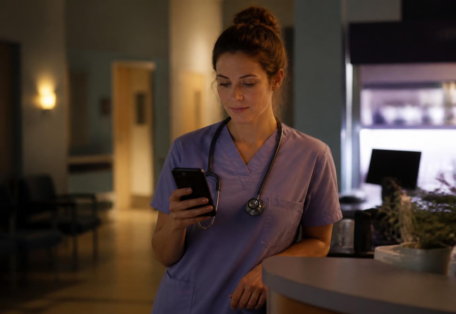 Nurse checking a message on her phone at a quiet clinic station in the evening