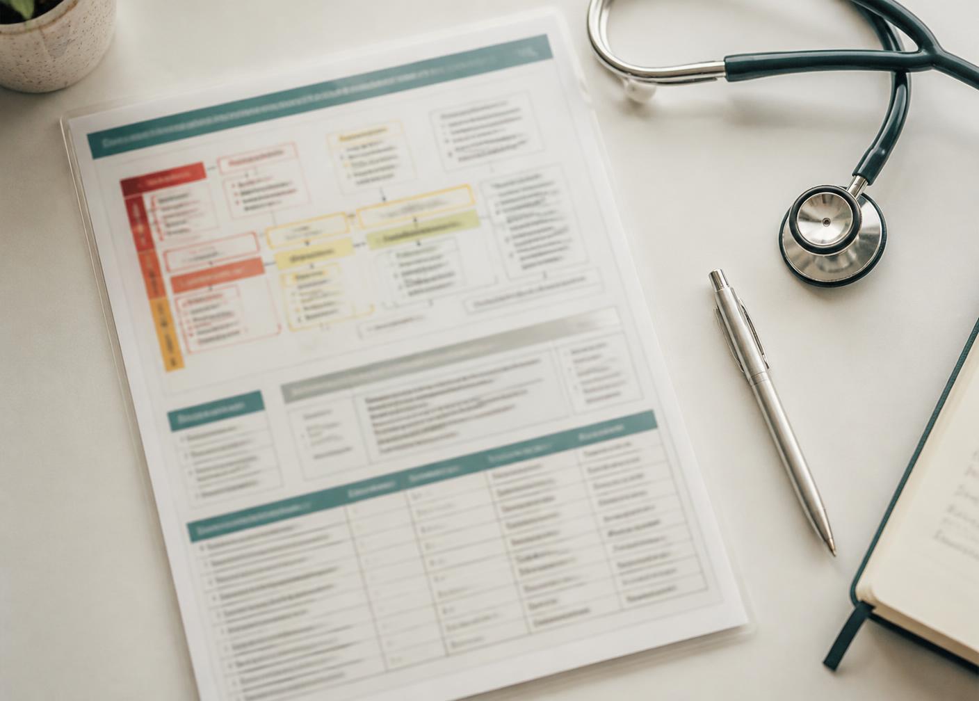 Medical protocol sheet with stethoscope and pen