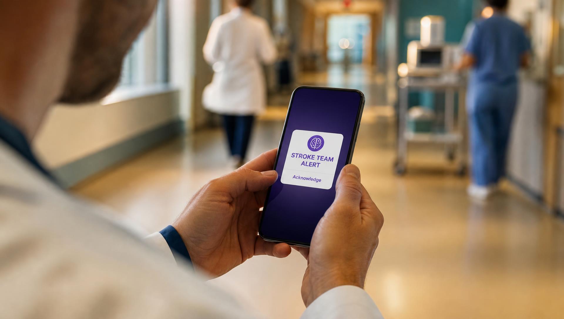 Clinician holding a phone showing a Stroke Team Alert notification in a hospital corridor
