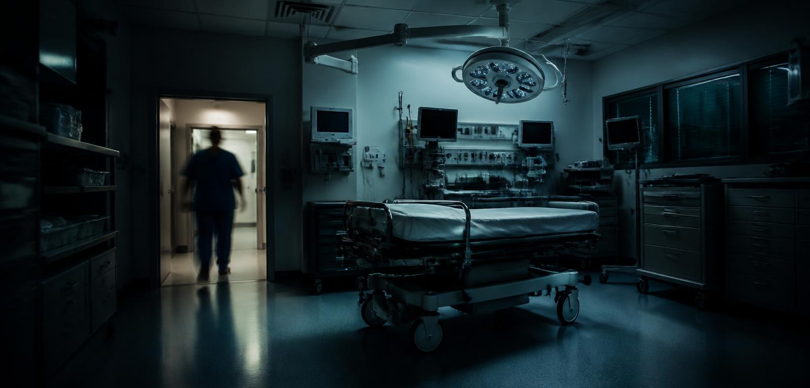 Empty hospital trauma resuscitation bay at night with a clinician entering
